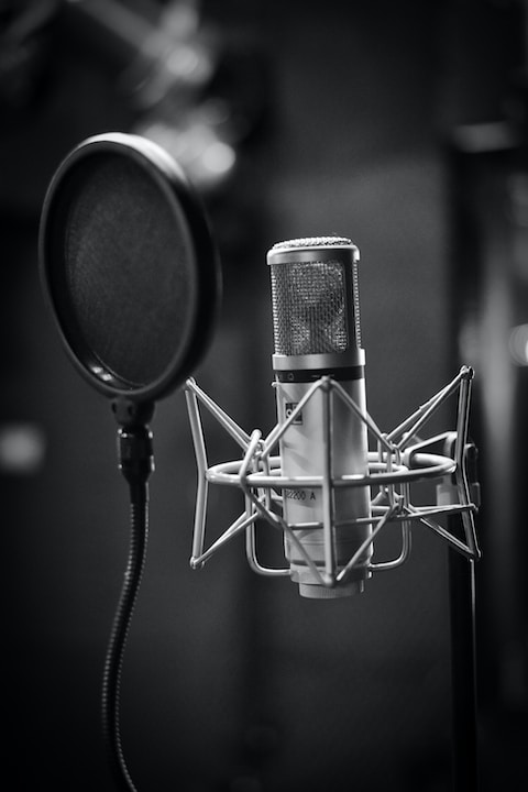 grayscale photo of condenser microphone beside pop music instrument